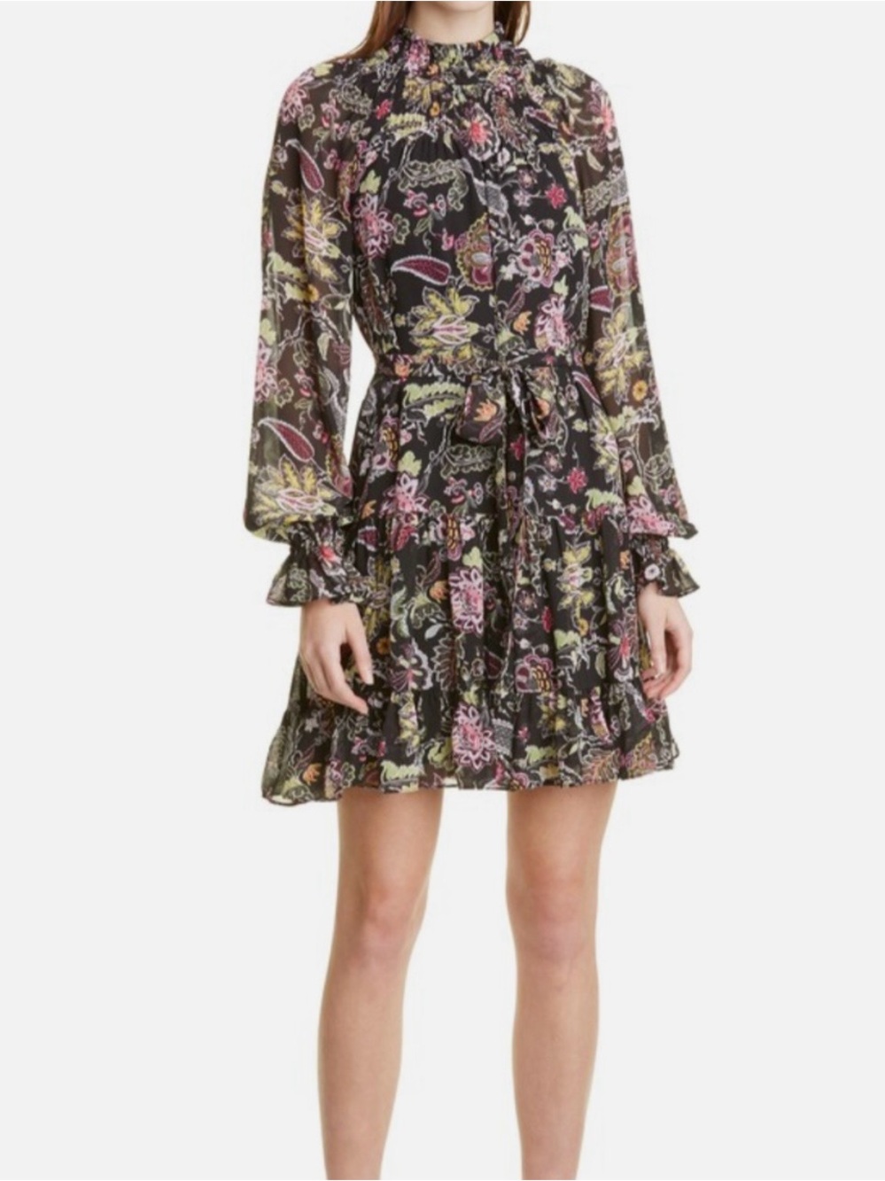 Cinq a Sept Daija Paisley Print Long Sleeve Smocked Mini Dress SZ 8 EUC